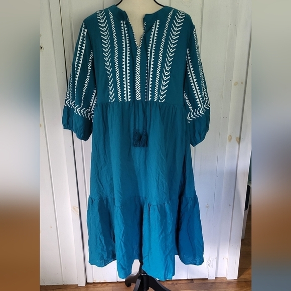 Geometric Bohemian Print Knot Neck Tassel Trim Dress - Picture 1 of 10